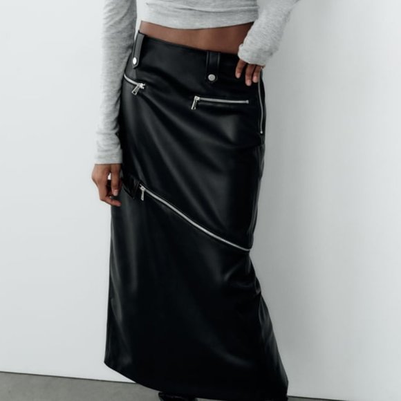 NWT 2 IN 1 DETACHABLE FAUX LEATHER MIDI BLACK SKIRT - Picture 3 of 15